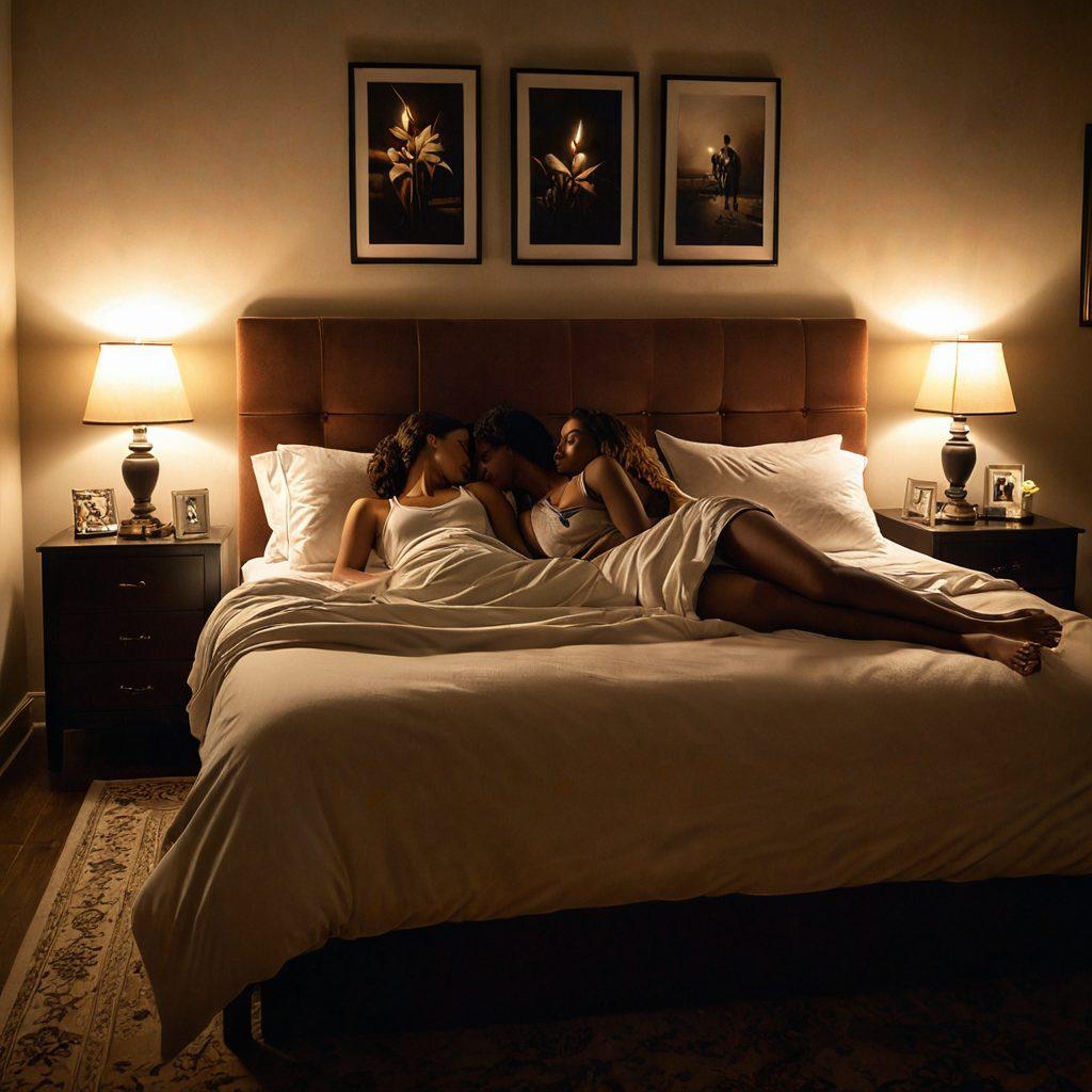 An intimate setting featuring a romantic dimly lit bedroom with soft candlelight, plush pillows, and sensual decorations. Include a couple sharing a tender moment, wrapped in each other's arms, surrounded by hints of erotic art on the walls. The atmosphere is warm and inviting, evoking a sense of closeness and passion. super-realistic. warm tones. soft focus.