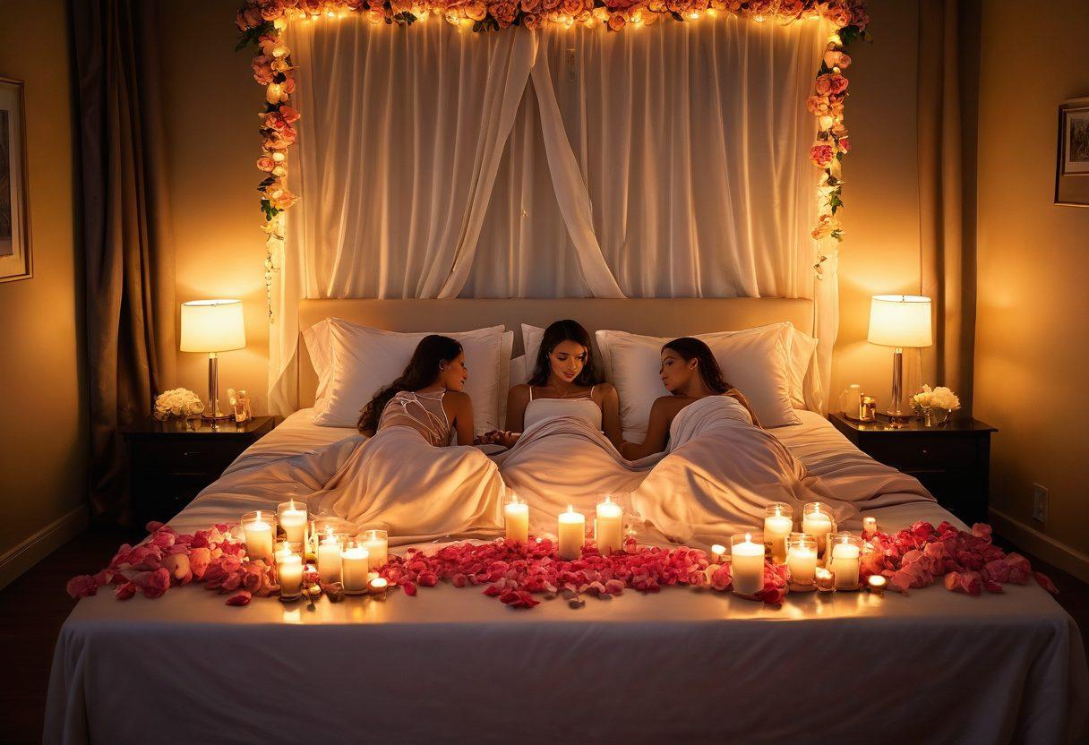 A serene and intimate setting featuring a cozy candlelit room adorned with soft pillows and silk sheets, where a couple is sharing a tender moment, surrounded by gentle rose petals. The ambiance exudes warmth and romance, with a hint of mystery in the dim lighting. Ethereal light glimmers softly, illuminating their expressions of love. super-realistic. vibrant colors. warm tones.