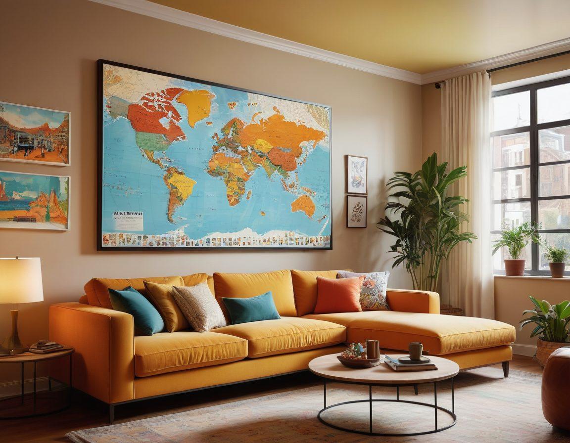 A contemporary living room with a cozy sofa and a large screen displaying streaming content. The scene includes a diverse group of adults engaged in laughter and conversation, surrounded by decor that reflects exploration and connection, like travel posters and world maps. Soft lighting and a warm ambiance create an inviting atmosphere. Elements of technology, like smartphones and tablets, subtly integrated into the scene. digital art. vibrant colors. modern style.